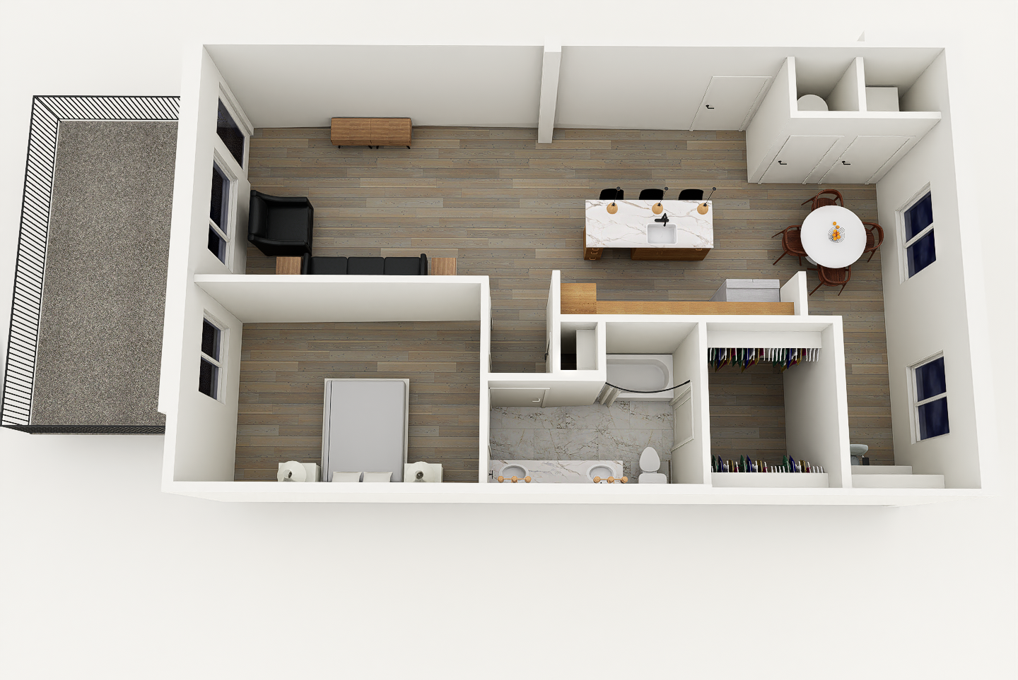 1 bedroom/ 1 bath floorplan layout for urban edge
